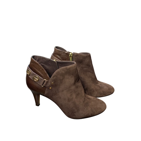 Vince Camuto Venten Brown Suede Leather Ankle Bootie Gold Zipper Buckle Heel 6.5 - Picture 1 of 13